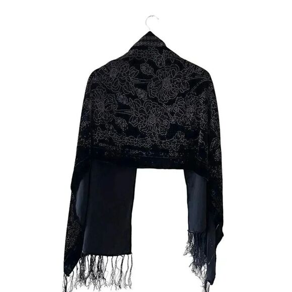 2 for $30 Velvet Floral Black Gypsy Bohemian  Fringe Scarf One Size #1240 - Picture 4 of 8